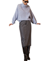 Gonna midi denim borchiata con motivo geometrico