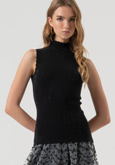Top senza maniche in maglia con strass