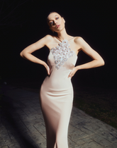 Abito lungo in raso e swarosky sul torace