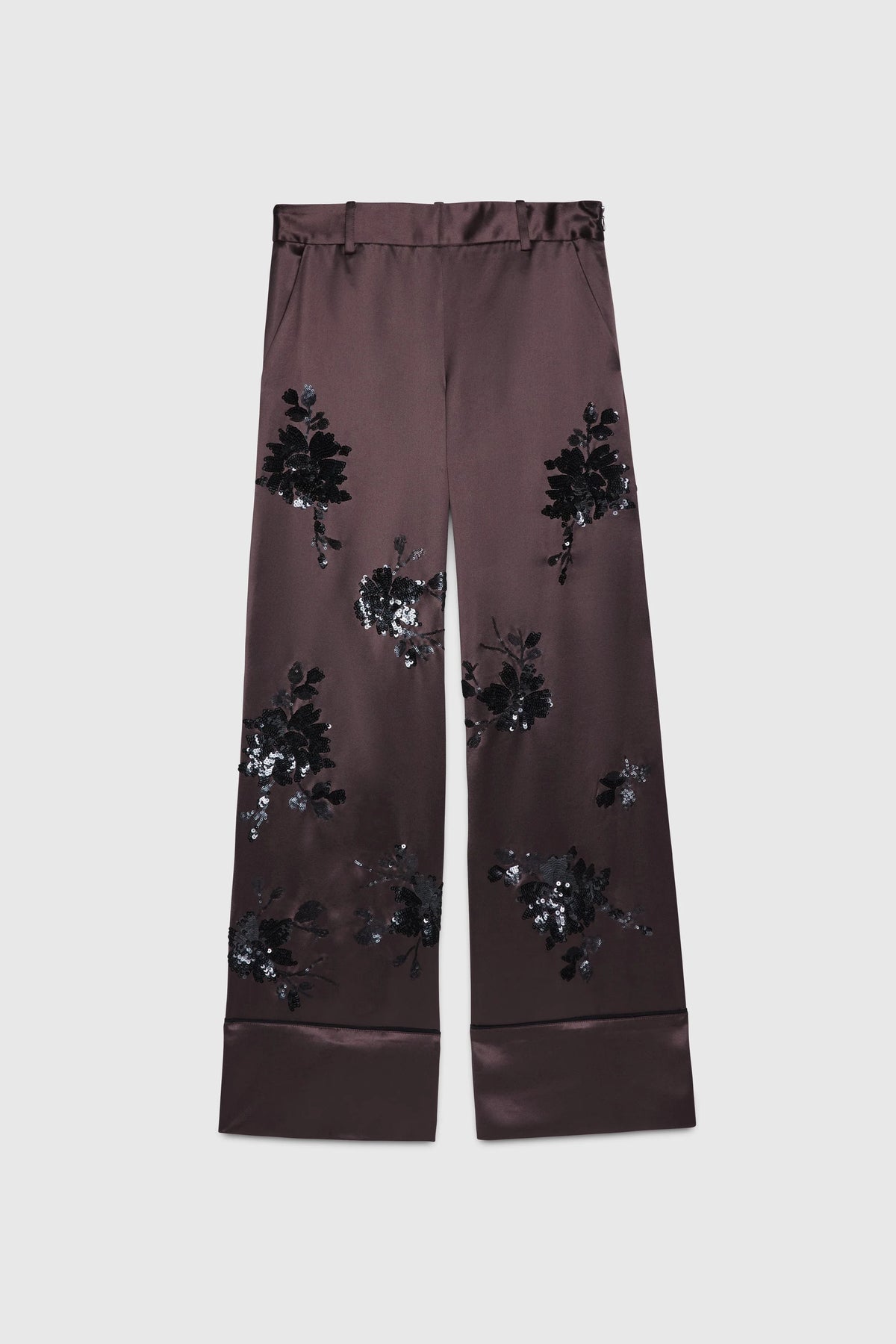Pantalone a pigiama in raso con  fiori di paillettes