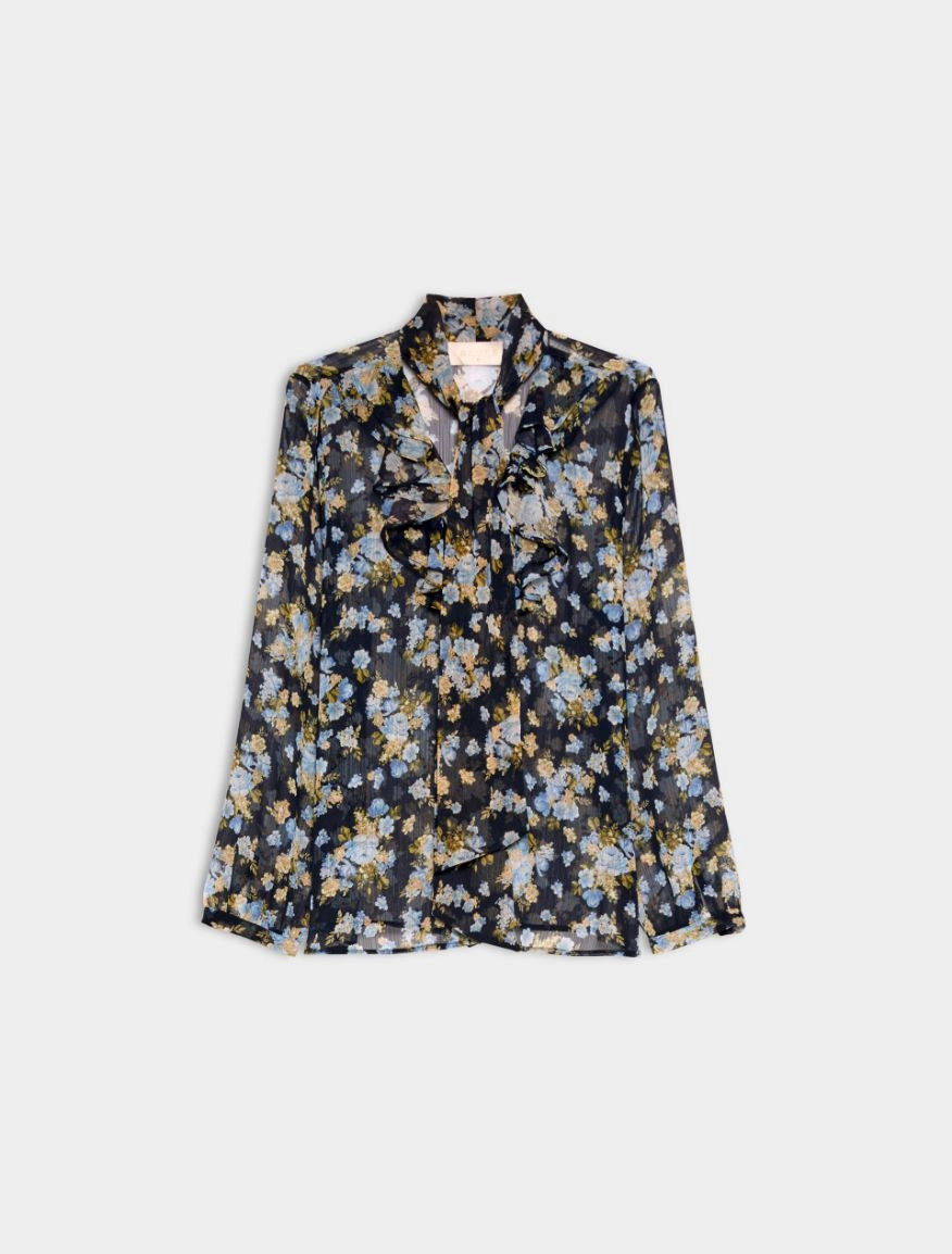Camicia crêpe stampato con fiocco e voulant