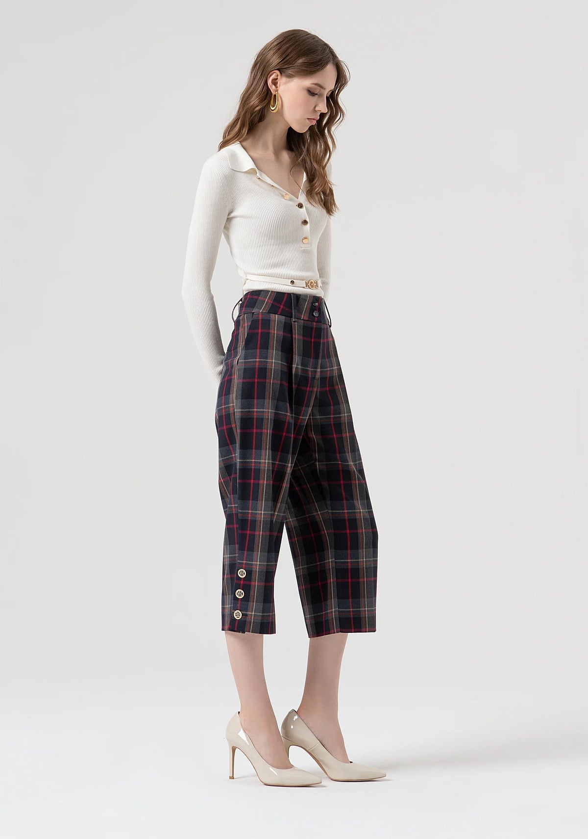 Pantalone flare cropped in tessuto tartan