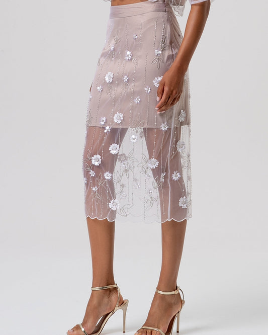 Gonna in tulle ricamato con trasparenze midi-2