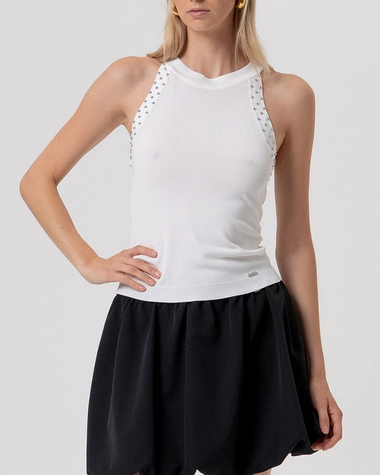 Top bianco in maglia con schiena incrociata