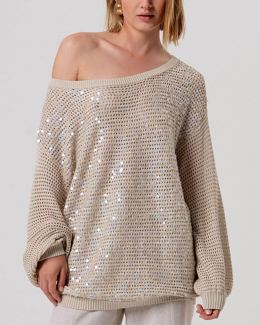 Maglia beige a rete con paillettes e scollo a barca