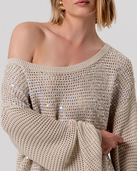 Maglia beige a rete con paillettes e scollo a barca-2