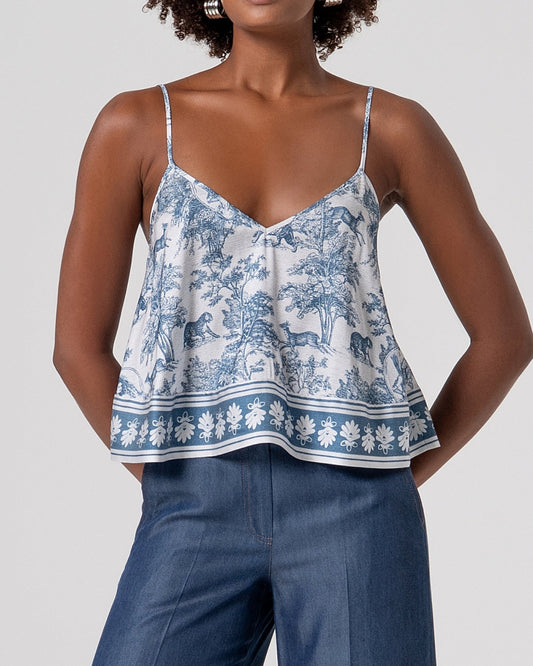 Top a spalline toile de Jouy con bordo a contrasto