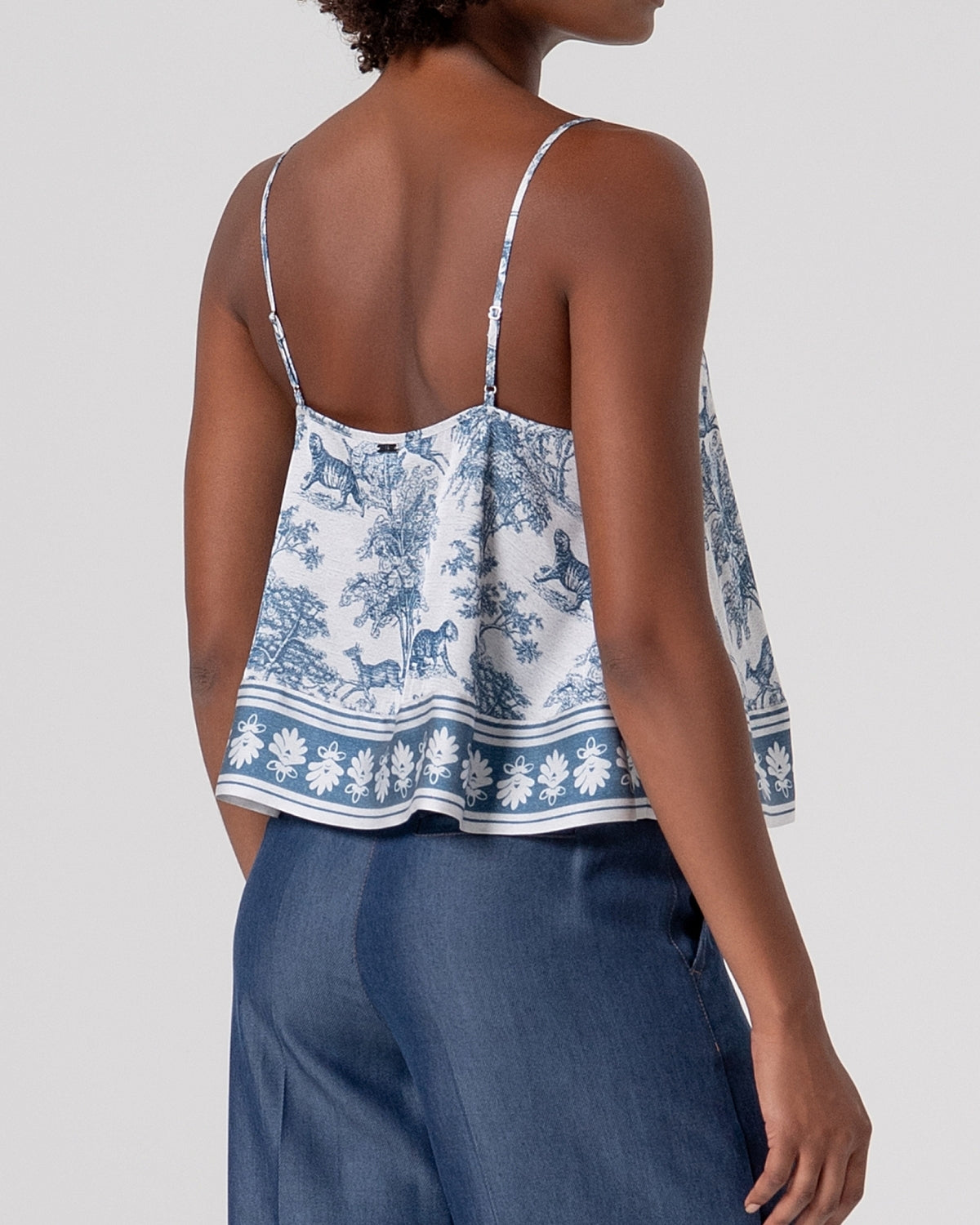 Top a spalline toile de Jouy con bordo a contrasto-3