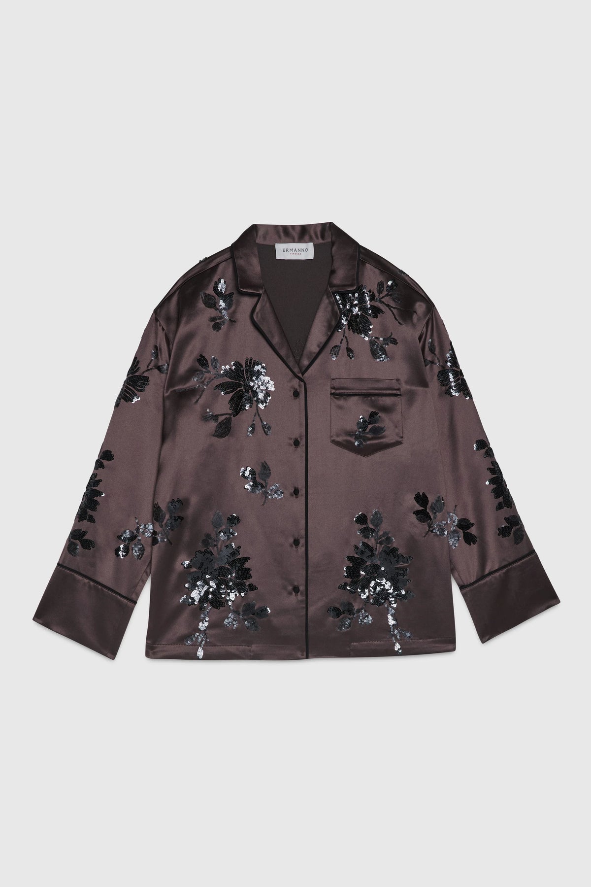 Camicia a pigiama in raso con fiori di paillettes